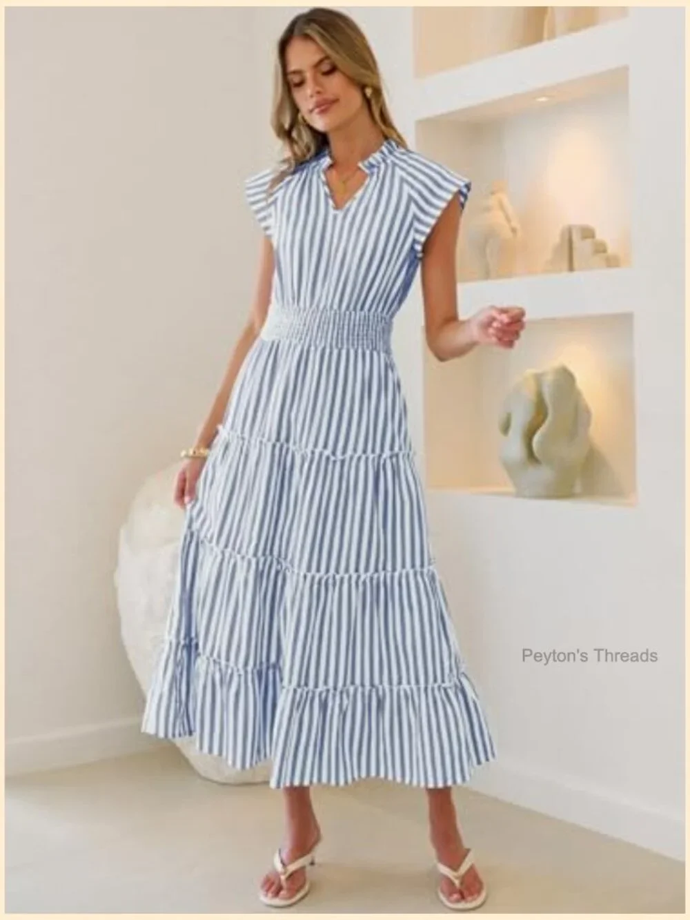 Women's Summer Maxi Dress V-Neck Cap Sleeve Gingham Striped Flowey Tiered Midi - Picture 5 of 7